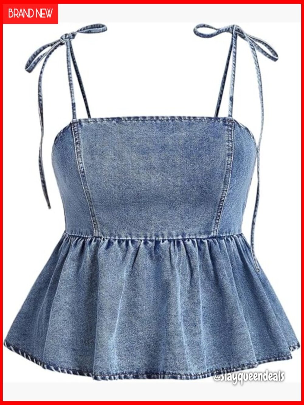 Plus Size Ruffle Denim Cami Top Tie Shoulder Smocked Crop Top
